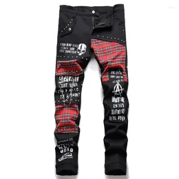 Women's Jeans Streetwear Punk Men's Pants Skull Patchwork Rivet Hip Hop Denim Men Harajuku Red Plaid Fashion Slim Trousers