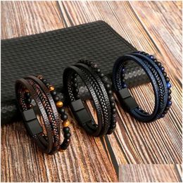 Leather Bracelet Men Classic Fashion Tiger Eye Beaded Mti Layer For Jewellery Dhgarden Ot3Vp