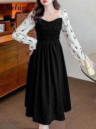 Casual Dresses Pleated Slim Female French Style Black Square Neck Printed Flare Sleeve Women's Dress Fashion Office Ladies