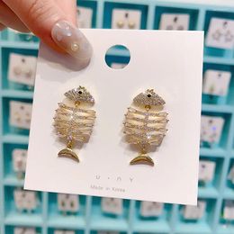 Stud Earrings S925 Silver Needle Personality Zircon Fish Bone Pendant Korean Female Retro Design