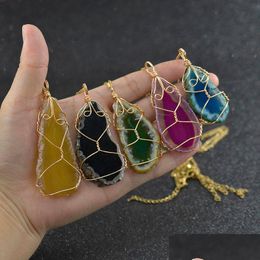 Pendant Necklaces Wire Wrap Irregar Natural Stone Agate Necklace Pendant Semi-Precious Stainless Steel Chain Necklaces Women Men Fashi Dhbxp