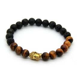Men's Beaded Buddha bracelet 8mm lava stone with Tiger Eye Yoga meditation Jewelry for Party Gift245d