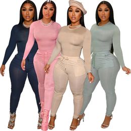 Women's Two Piece Pants Fall Sport Solid Women's Set Long Sleeve T Shirt and Pants Suit Active Sweatsuit Tracksuit Two Piece Set Fitness Outfits 231011