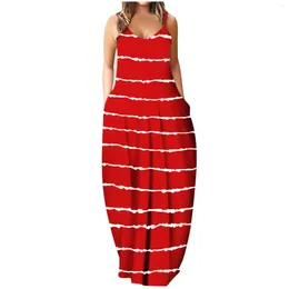 Casual Dresses Elegant Stripe Printing Boho Loose Dress Women Sleeveless Long Maxi Backless Female Robe Summer Mujer Vestidos