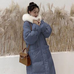 Women's Trench Coats Long Coat Big Fur Collar Thick Outerwear Warm Cotton Padded Jacket Women Korean Loose Hooded Feather Winter