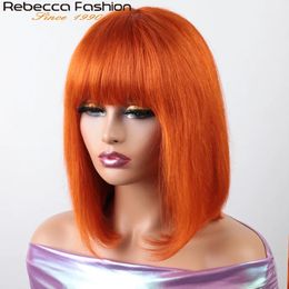 Synthetic Wigs 180D Orange/Ginger Colored Blonde Straight Human Hair Bob Wigs With Bangs Remy Full Machine Made for Women P4/30 613 99J T1B/27 231012