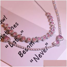 Sweet Pink Heart Zircon Choker Necklace For Women Girls Elegant Crystal Wedding Party Chain Collares Jewellery Dhgarden Ottnv