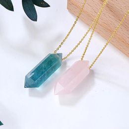 Pendant Necklaces Natural Gemstone Green Fluorite Double Pointed Crystal Column Pink Original Stone Necklace Spiritual Jewelry