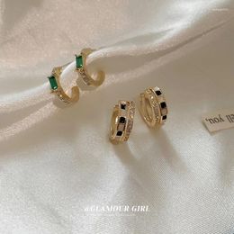 Stud Earrings Silver Needle Geometry Zircon Checkerboard Emerald Of Women Metal Wind Korean Fashion Design Feeling