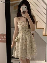 Casual Dresses Floral Women Spaghetti Strap Gentle Fairycore Ruffles Summer Princess Temperament Charm Empire Korean Style