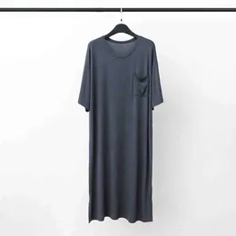 Women's Sleepwear Male Solid Color Short Sleeve Round Neck Nightdress Pocket Robe Homewear Little House Big