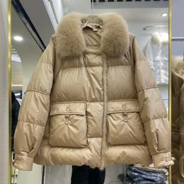 Women's Down Parkas Lagabogy 2023 Winter Women Real Fur 90 White Duck Jacket Short Puffer Coat Female Vintage Mink Patchwork Parka 231011