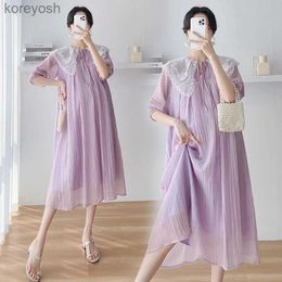 Maternity Dresses 907# Ruffle O Neck Oversize Loose Straight Clothing 2023 Summer New Fashion French Style Maternity Long Dress PregnancyL231012