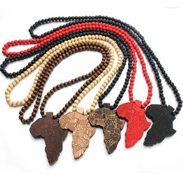 Pendant Necklaces African Map Wooden Hiphop Women Man Necklace Ethnic Style Beads String Chains Engraved Jewelry Men Gift