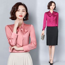 Silk Blouse Woman Designer Ribbon Bow Pink Blouses Long Sleeve Autumn Winter Casual Runway Satin Solid Work Shirt Plus Size Office Ladies Simple Fashion Formal Tops