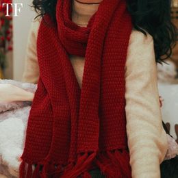 Scarves Christmas Red Scarf Woman Tassel Warm Neckerchief Autumn Winter Soft Knitted Solid Fashion Gift Long 231012