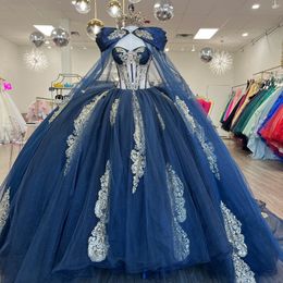 Gorgeous Navy Blue Quinceanera Dresses Gold Applique With Cape Ball Gown Princess Birthday Party Sweet 16 Vestidos De 15 Gothic