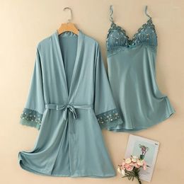 Women's Sleepwear Lace Flower Embroidery Women 2PCS Kimono Robe Set Loungewear Home Wear Intimate Lingerie Satin Bathrobe Gown