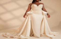 2019 African Plus Size Mermaid Wedding Dresses Luxury Beaded Pearls with Satin Overskirt Sweep Train Wedding Gown vestido de novia8568875