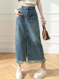 Skirts High Waist Tassel Women's Denim Long Spring Summer Casual Front Split Blue Jeans Skirt Pockets Female 2023