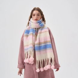 Scarves 2023Winter Fresh And Simple Contrast Stripe Hanging Wool Ball Women's Scarf Wrapped With Cold Resistant Plush Neck Shawl