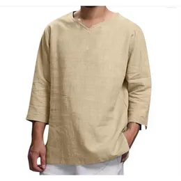 Men's T Shirts V Neck Cotton Linen Male Breathable Solid Colour Long Sleeve Casual Sports Fashion T-Shirt Tops M-4XL