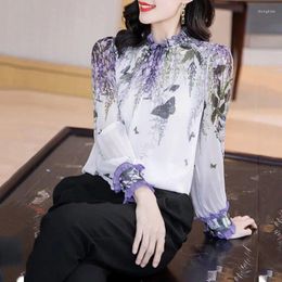 Women's Blouses Spring Autumn 2023 Casual Floral Printed Tops Lantern Sleeve Silk Chiffon Blouse Shirt Fashion Round Neck Women Clothing J30