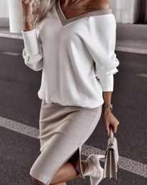 Two Piece Dress Long Sleeve Top and Slit Hem Skirt Suit Fashion TwoPiece Women's VNeck High Waist Knee Length Autumn Office 231011