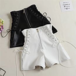 QNPQYX New All Match Women PU Shorts Tie Bow Bandage High Waist Shorts Casual White Black Leather Shorts Ladies Wide Leg Shorts