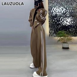 Women's Two Piece Pants 2023 Autumn Winter Korean Style Striped Wide Leg Suit Outfit Casual 2 Women Jacket And Trouser Matching Set