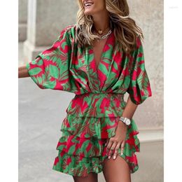 Casual Dresses Women's Causal A Line Mini Dress V-Neck Loose Batwing Sleeve Elastic Waist Foral Printed Summer Flowy Drop