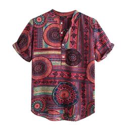 Mens Fashion Ethnic Short Sleeve Casual Printing Hawaiian Shirt Blouse T-shirt Button Up Graphic Retro Slim Fit Shirts Men's241c