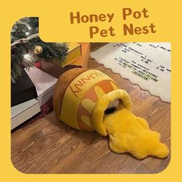 Cat Beds Furniture Hanpanda Cute Honey Pot Cat Bed Honey Jar Shape House Plush Cartoon Warm Pet Bed Cat Condo Mat Soft Pet House For Small Cats Dog 231011