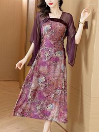 Casual Dresses Summer Purple Floral Silk Patchwork Batwing Sleeve Luxury Long Dress For Women 2023 Korean Vintage Elegant Loose Party