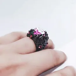 Cluster Rings Luxury Fashion Pink Flower For Women Elegant Personality Ladies Ring Female Charming Wedding Party Jewelry Gifts