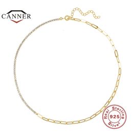 Pendant Necklaces CANNER 925 Sterling Silver Ins Fashion Zircon Stitching Paper Clip Chain Necklace For Women Gold Colour Fine Jewellery Collares 231012