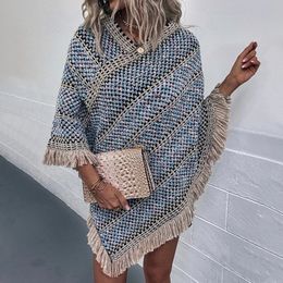 Shawls Poncho Cloak Knitted Cape Tassel Women Autumn Winter Batwing Sleeve Slim Fit Horizontal Stripe Basic Elegant Shawl Vacation Wear 231012