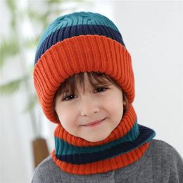 Scarves Baby Kid Stripe Solid Hat Scarf 2 Piece Set Boy Girl Soft Knit Cap And Plush Ring Scarves Child Winter Outdoor Warm Wear 0-8T 231012