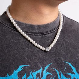 Chains Vintage Fashion Pearl Titanium Steel Smile Necklace Men's Hip-hop High-street Collarbone Chain Christmas Gift Daily Wearing