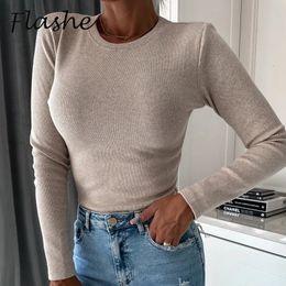 Women's T-Shirt Autumn Women Knitted T Shirt Women O Neck Long Sleeve Solid Casual T-shirts OL Style Rib Jumper Tops 231011