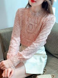 Women's Blouses French Style Embroidery Lace Shirt Autumn And Winter Clothing 2023 Long Sleeve Pink Blouse Undershirt All-Match
