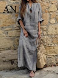 Casual Dresses Elegant Party For Women 2023 Cotton And Linen-dyed Striped Loose Pockets With Long Sleeves Vintage Home Dress