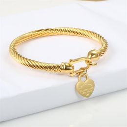 Titanium Steel Cable Wire Gold Colour Love Heart Charm Bangle Bracelet With Hook Closure For Women Men Wedding Jewellery Gifts260m
