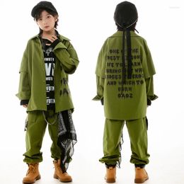 Stage Wear 2023 Ballroom Hip Hop Dance Costumes For Kids Army Green Loose Hiphop Suit Girls Jazz Rave Clothes Boys Streetwear DN16276