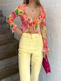 Women's T Shirts Wsevypo See-through Mesh Sheer Cardigans Chic Spring Summer Orange Floral Ruffle V-Neck Tie-up Crop Tops Women T-Shirt