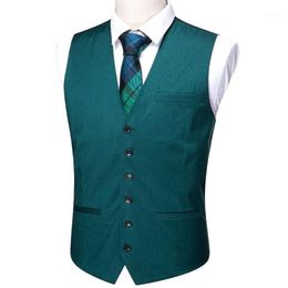 Men's Vests Barry Wang Mens Teal Blue Solid Waistcoat Blend Tailored Collar V-neck 3 Pocket Cheque Suit Vest Tie Set Formal Le247h