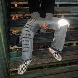 Men's Jeans Ripped Loose Streetwear Reflective Patch Letter Print Hip Hop Straight Pants Denim Wide-Leg Trousers Korean Clothing