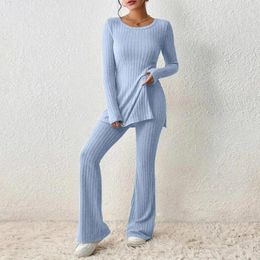 Women's Two Piece Pants Women Pieces Suit Winter Autumn Knitted Long Sleeve Ribbed Slit Top High Waist Flared Trousers Set Fashion Outfit