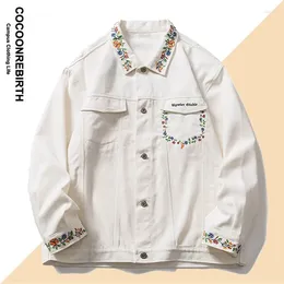 Men's Jackets Flowers Embroidery Denim Jacket Men Japanese Vintage Turndown Collar Women Loose Couples Casual Coat Autumn 2023