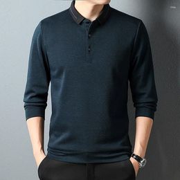 Men's Polos Spring And Autumn Pullover Button Solid Colour Patch Screw Thread Long Sleeve T-shirt Polo Underlay Fashion Formal Tops
